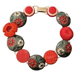 Vintage 70s Sterling Silver Old Plastic Floral Button Bracelet